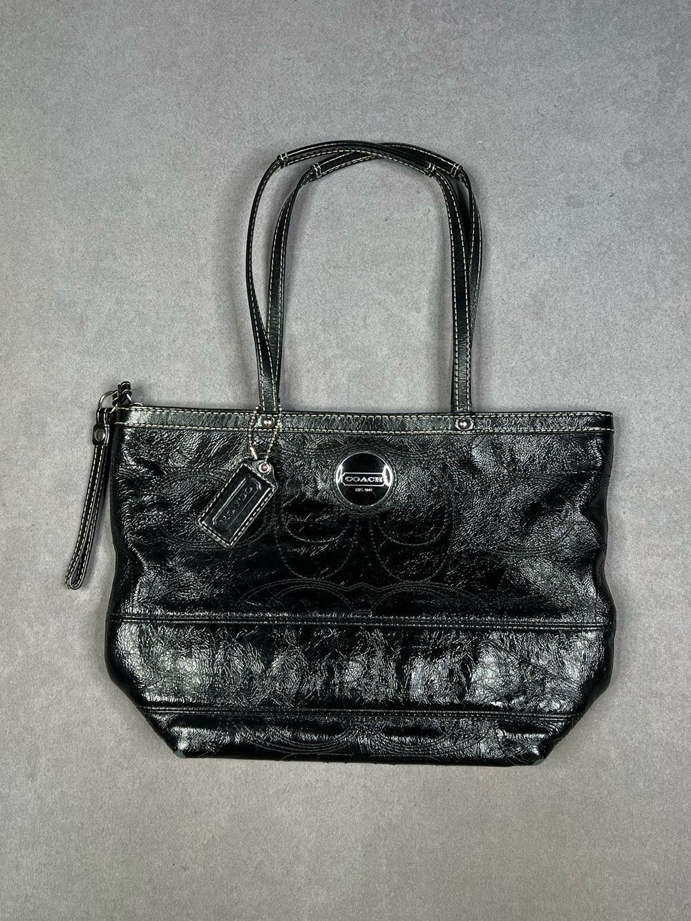 Coach Black Patent Leather Tote with Signature Emblem